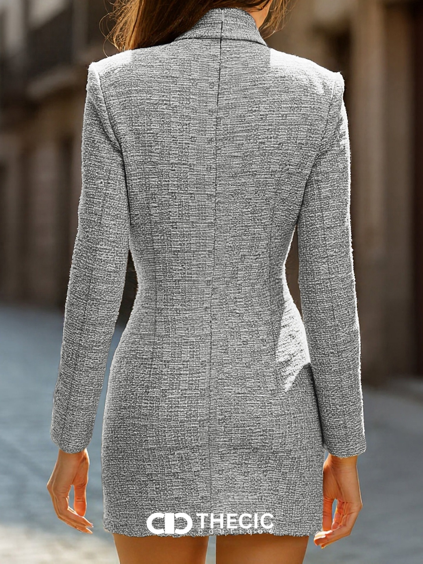 Tailored Tweed Stand Collar Deep V-Neck Mini Dress