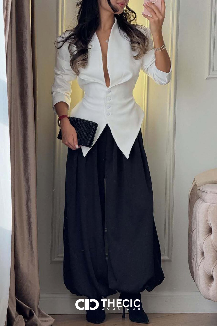 Tailored V-Neck Cinched Waist Blazer Top