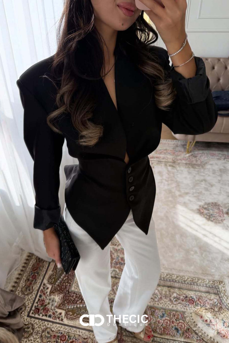 Tailored V-Neck Cinched Waist Blazer Top