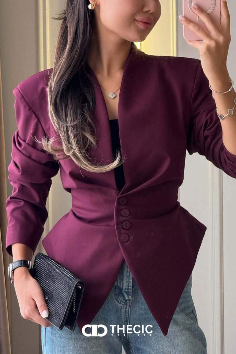 Tailored V-Neck Cinched Waist Blazer Top