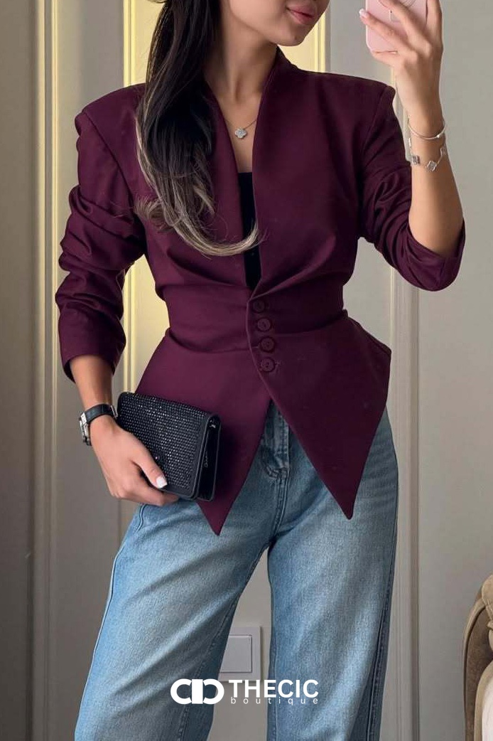 Tailored V-Neck Cinched Waist Blazer Top