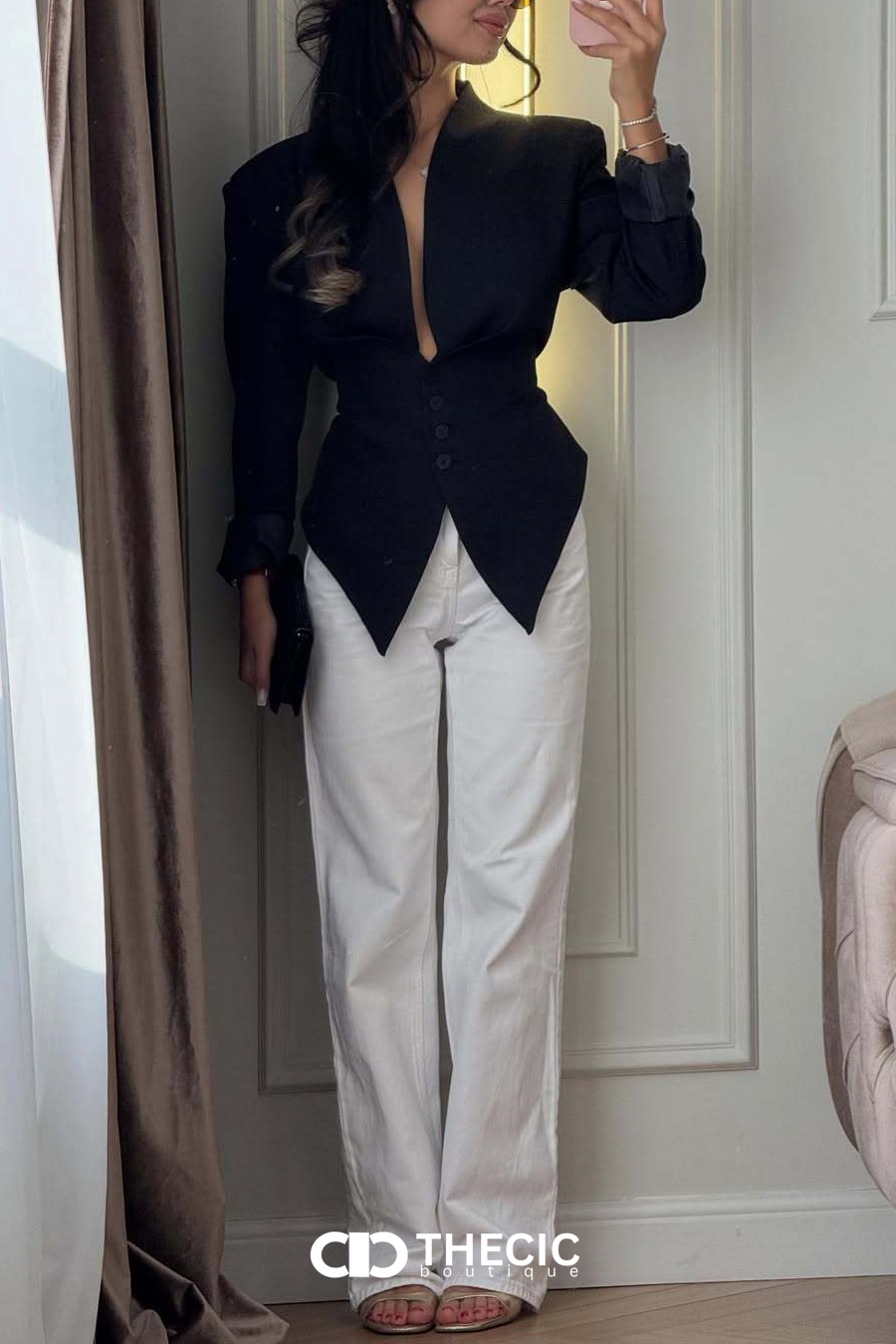 Tailored V-Neck Cinched Waist Blazer Top
