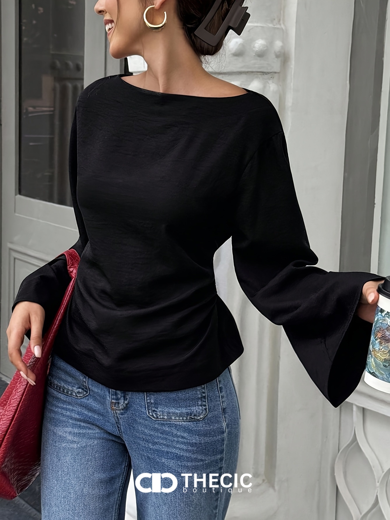 Textured Boat Neck Bell Sleeve Blouse