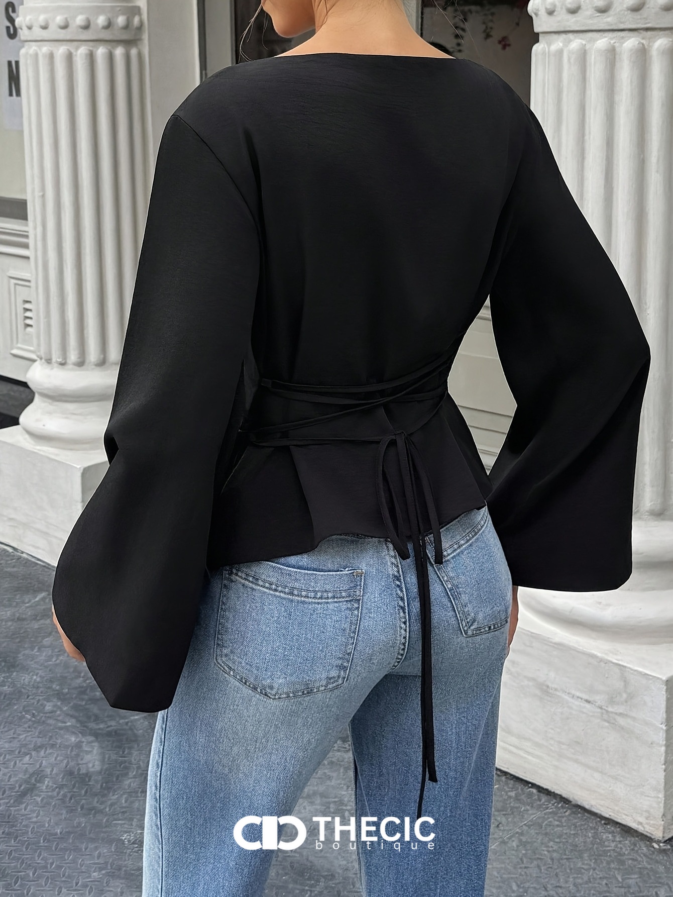 Textured Boat Neck Bell Sleeve Blouse