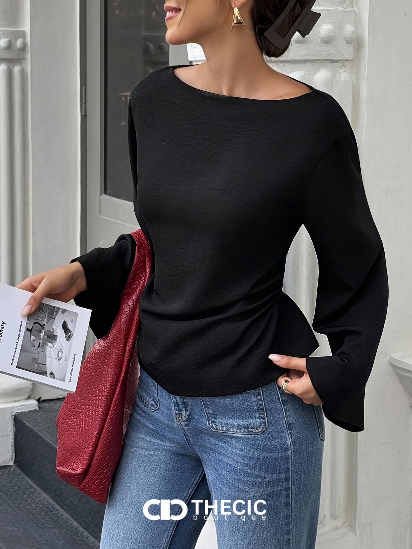 Textured Boat Neck Bell Sleeve Blouse