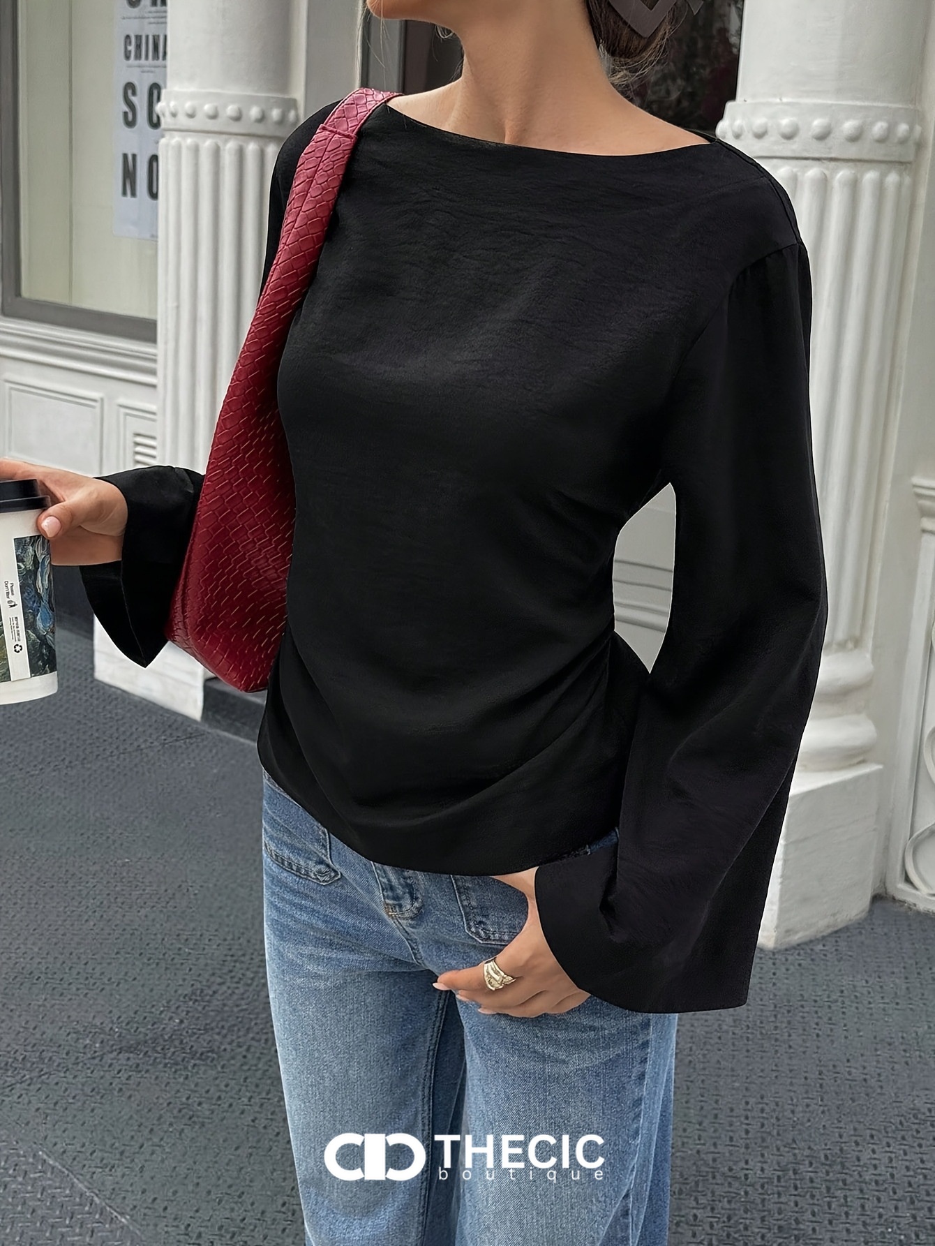 Textured Boat Neck Bell Sleeve Blouse