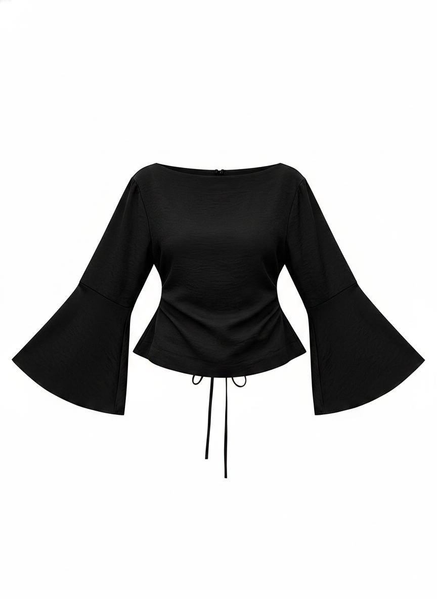 Textured Boat Neck Bell Sleeve Blouse