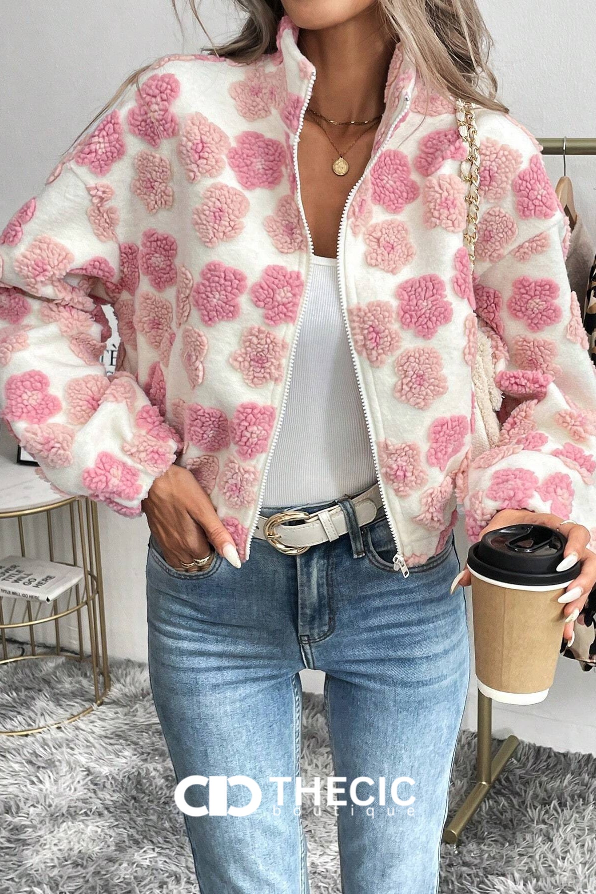 Textured Floral Full-Zip Bomber Jacket