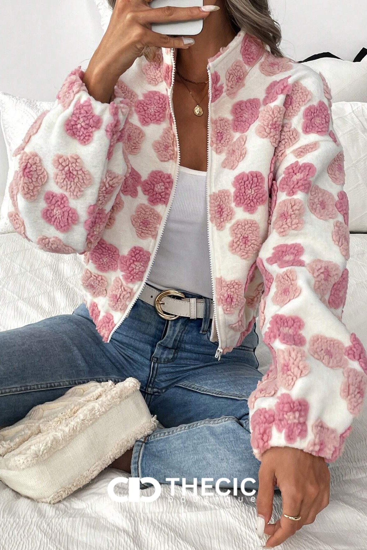 Textured Floral Full-Zip Bomber Jacket