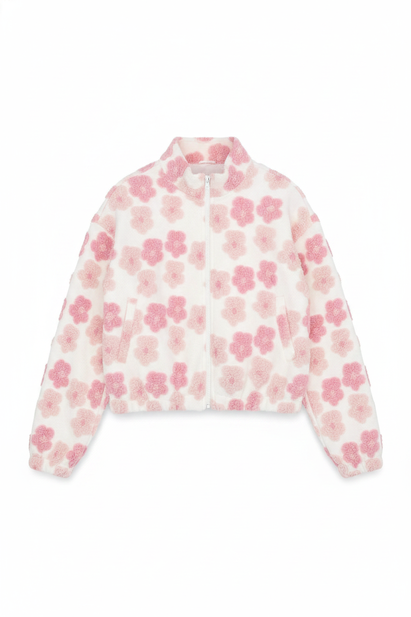 Textured Floral Full-Zip Bomber Jacket