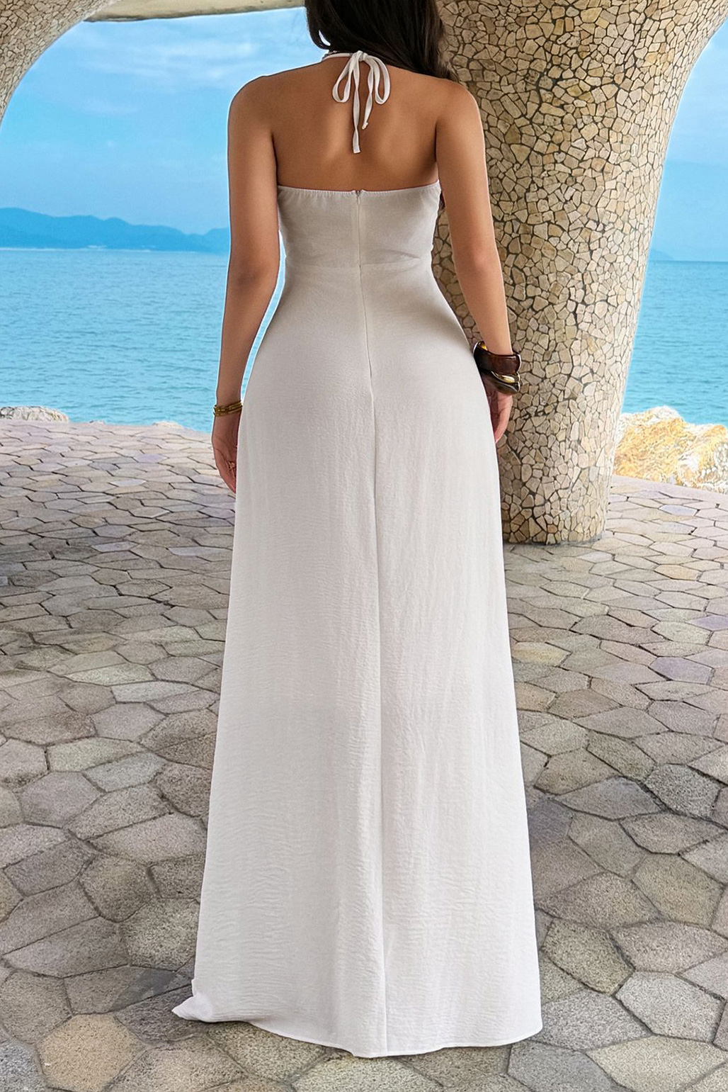 Textured Halter Deep V-Neck Flowy Maxi Dress