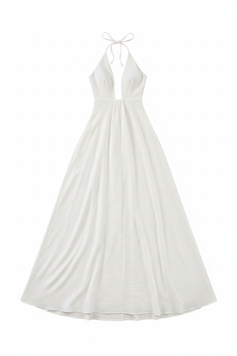 Textured Halter Deep V-Neck Flowy Maxi Dress