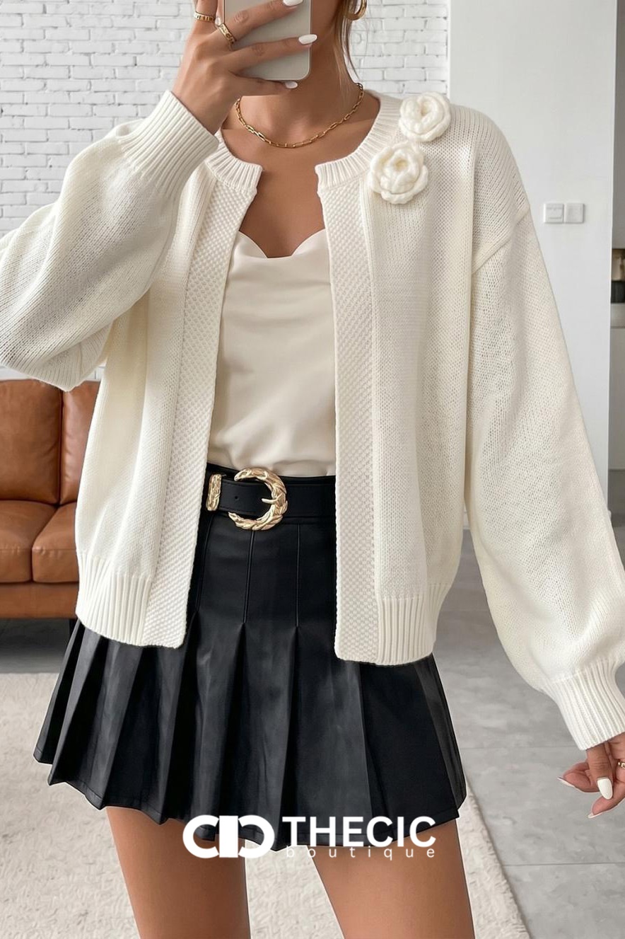 Textured Knit 3D Flower Open Front Cardigan
