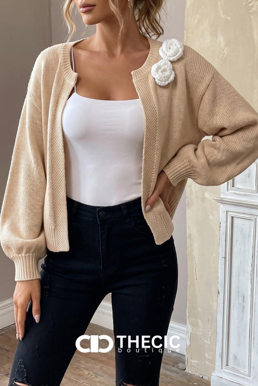 Textured Knit 3D Flower Open Front Cardigan