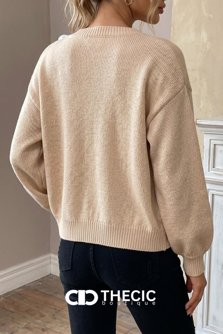 Textured Knit 3D Flower Open Front Cardigan