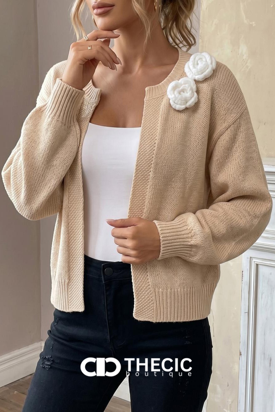 Textured Knit 3D Flower Open Front Cardigan