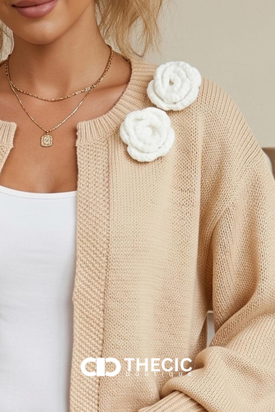 Textured Knit 3D Flower Open Front Cardigan