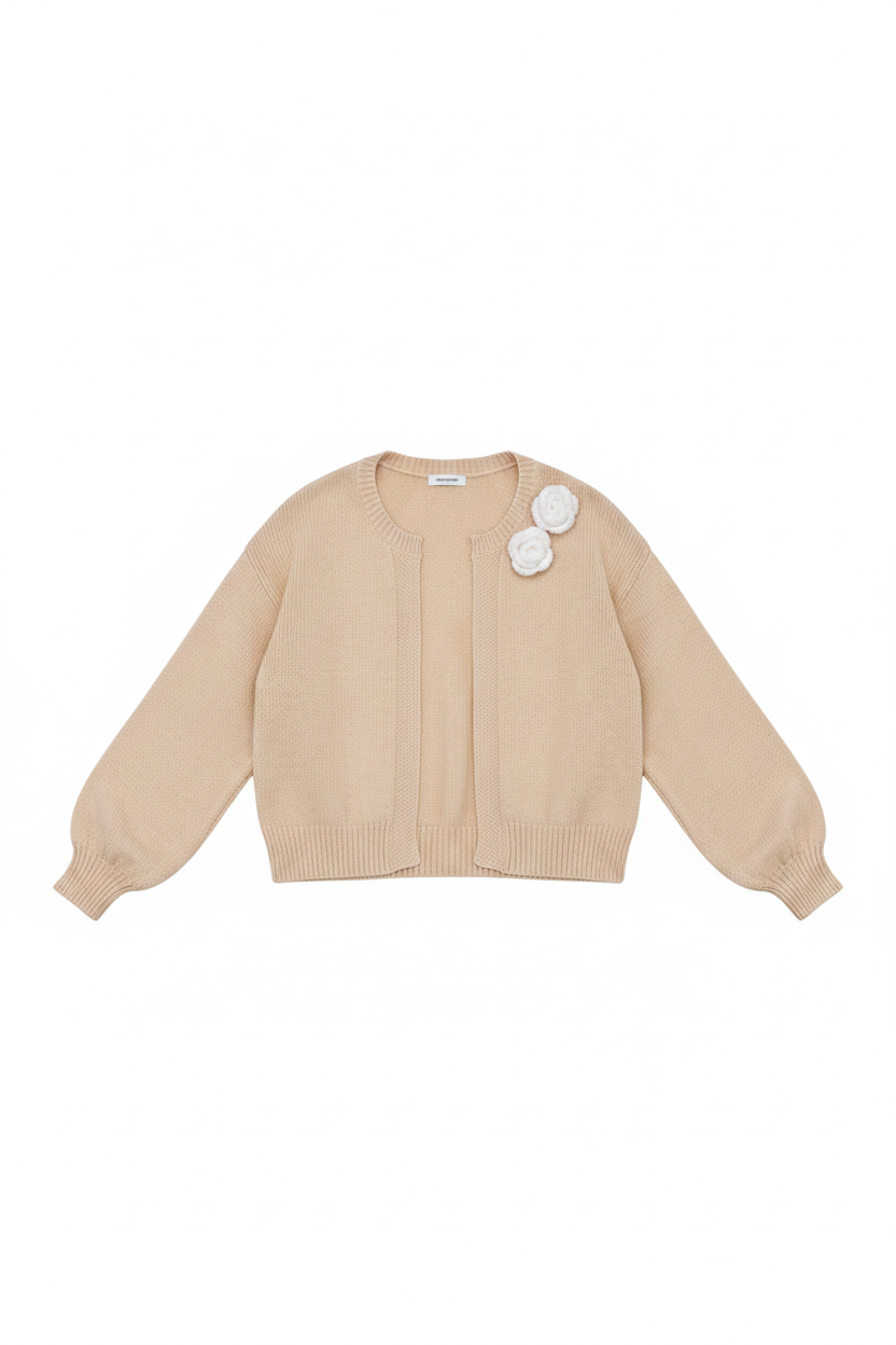 Textured Knit 3D Flower Open Front Cardigan