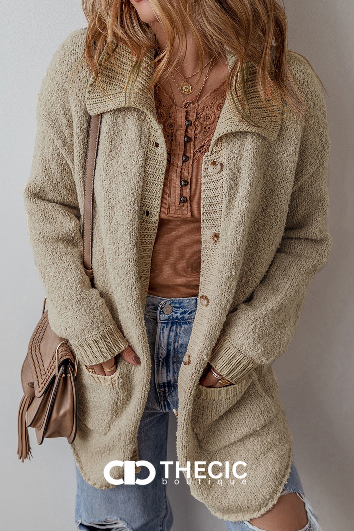 Textured Knit Button-Front Collared Longline Cardigan