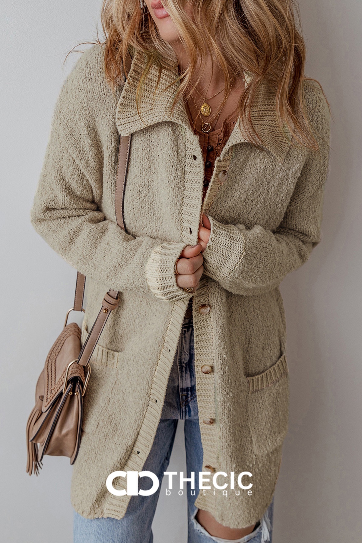 Textured Knit Button-Front Collared Longline Cardigan