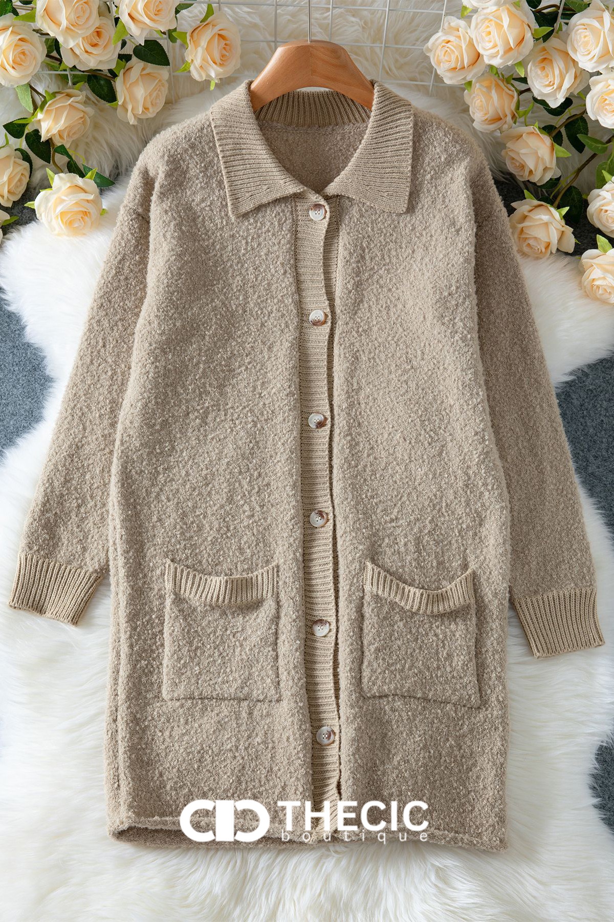 Textured Knit Button-Front Collared Longline Cardigan