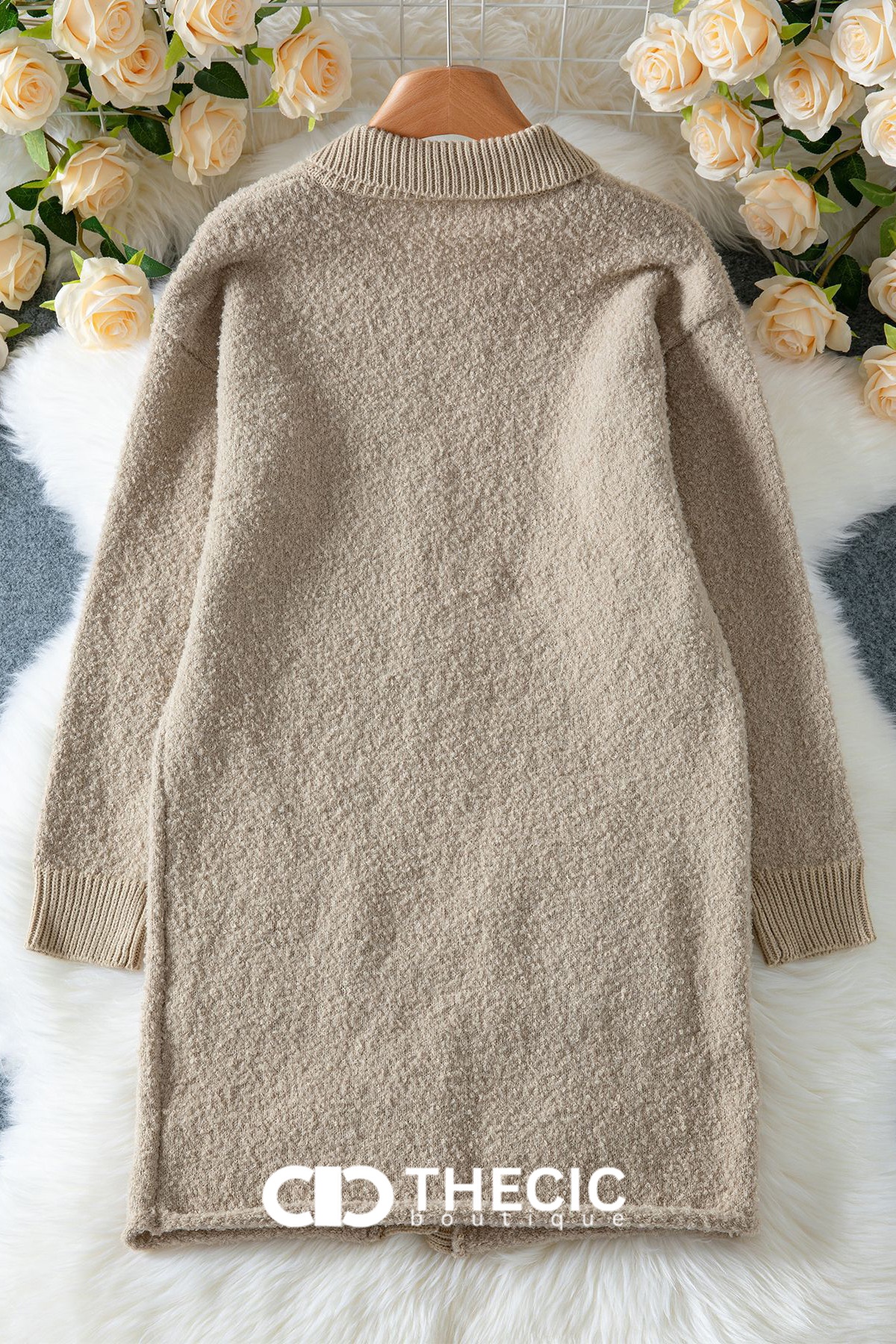 Textured Knit Button-Front Collared Longline Cardigan