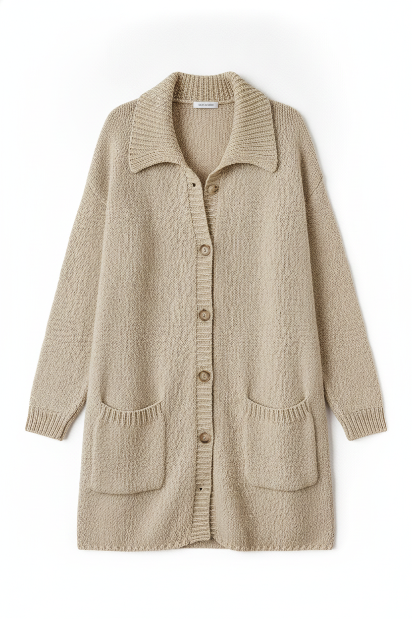 Textured Knit Button-Front Collared Longline Cardigan
