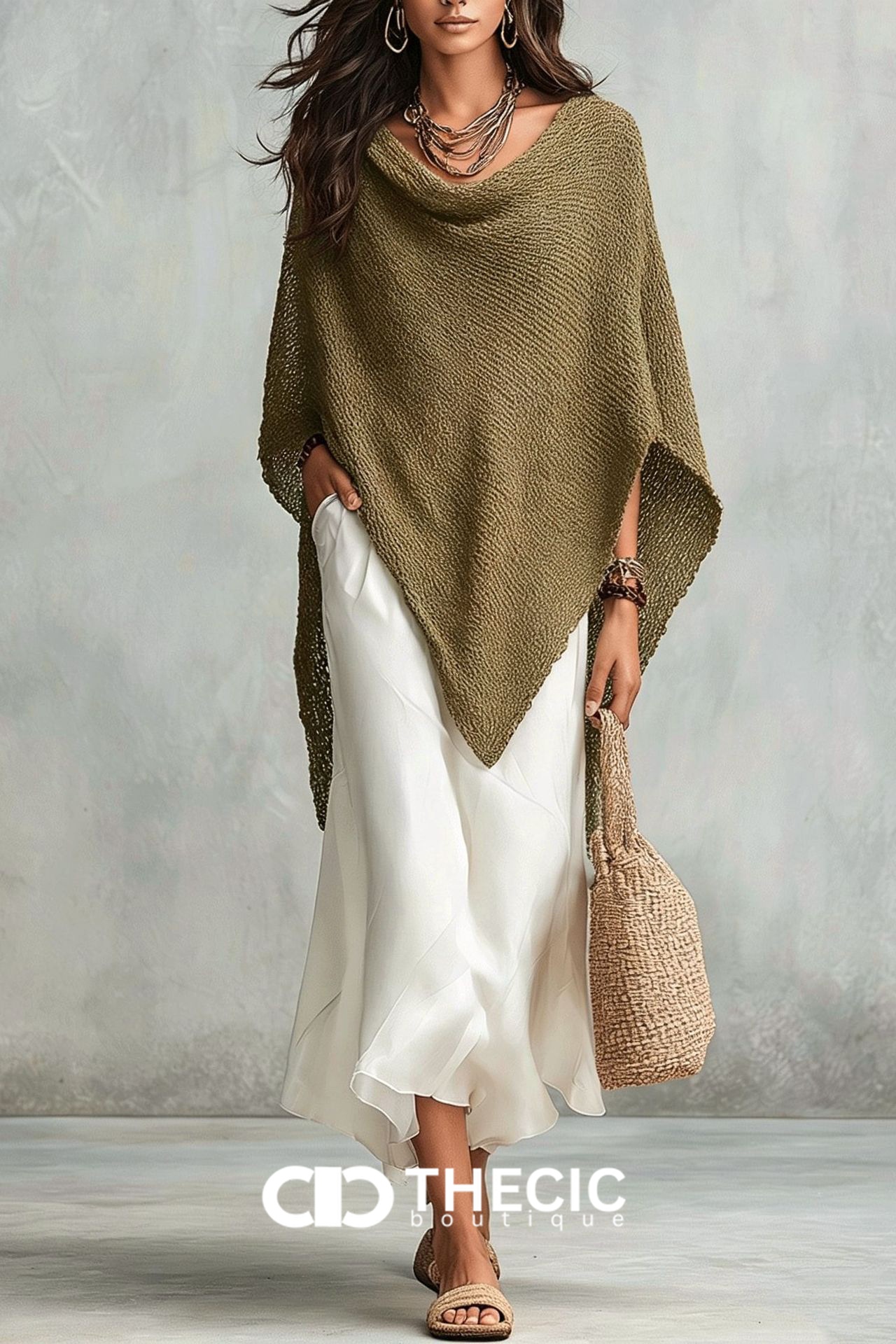 Textured Knit Cowl Neck Asymmetric Poncho Two Pieces Set