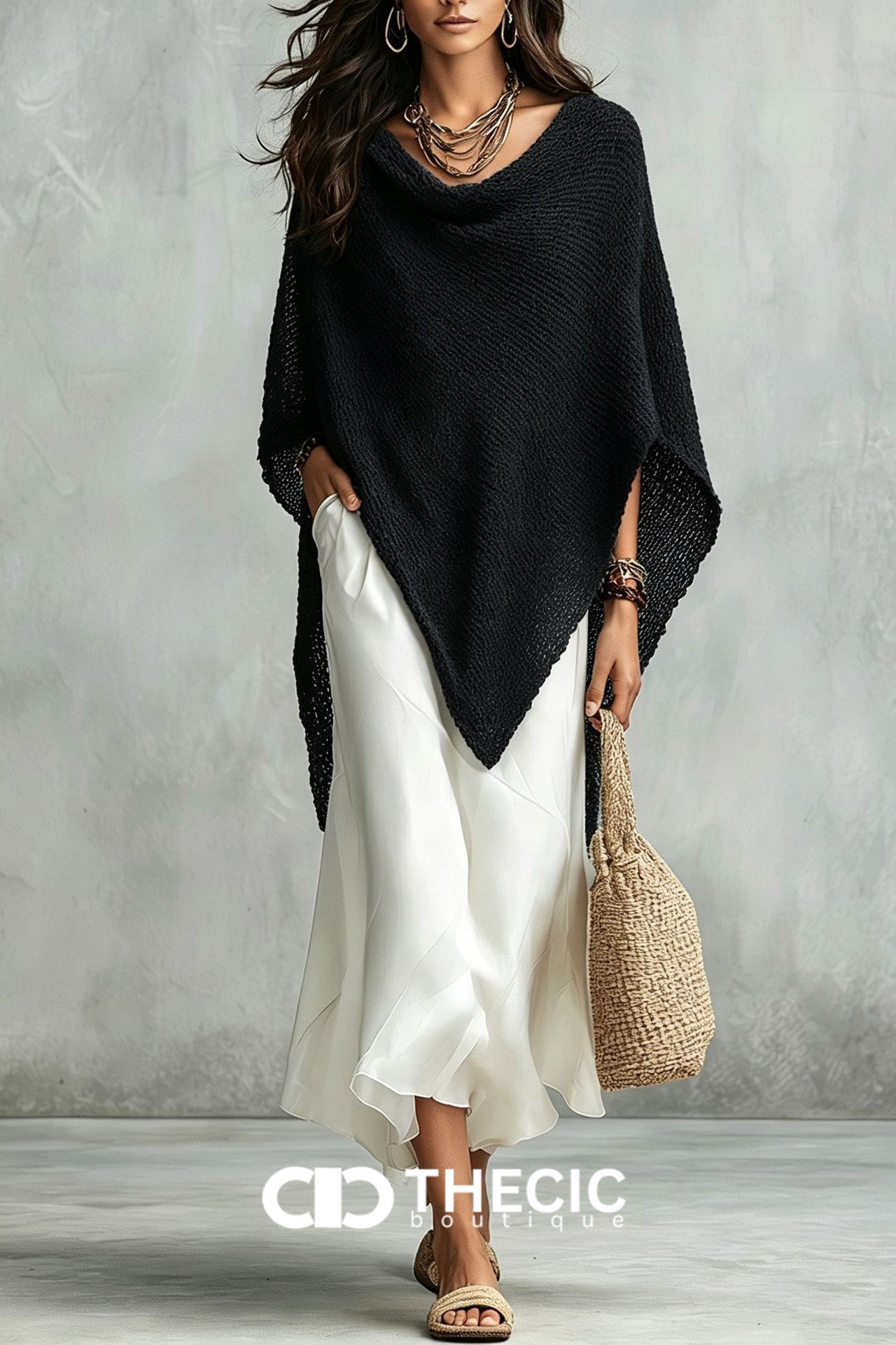 Textured Knit Cowl Neck Asymmetric Poncho Two Pieces Set