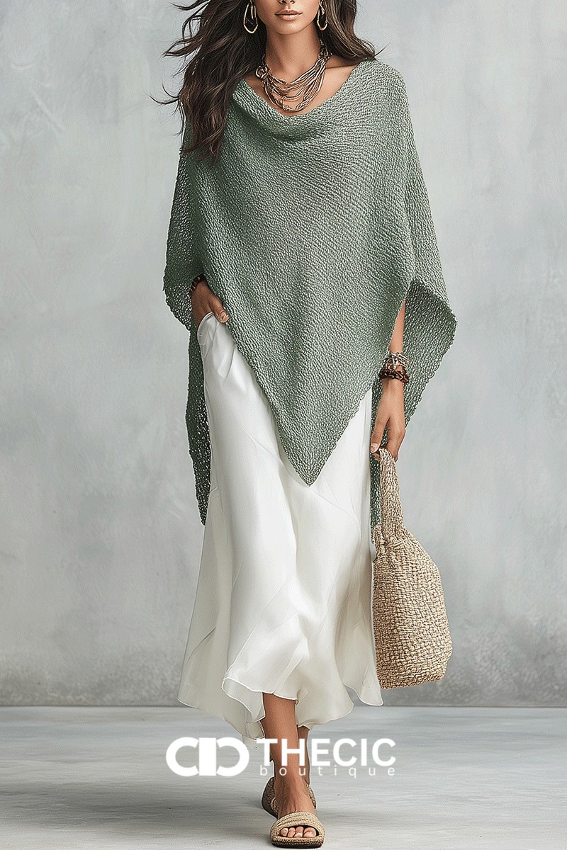 Textured Knit Cowl Neck Asymmetric Poncho Two Pieces Set