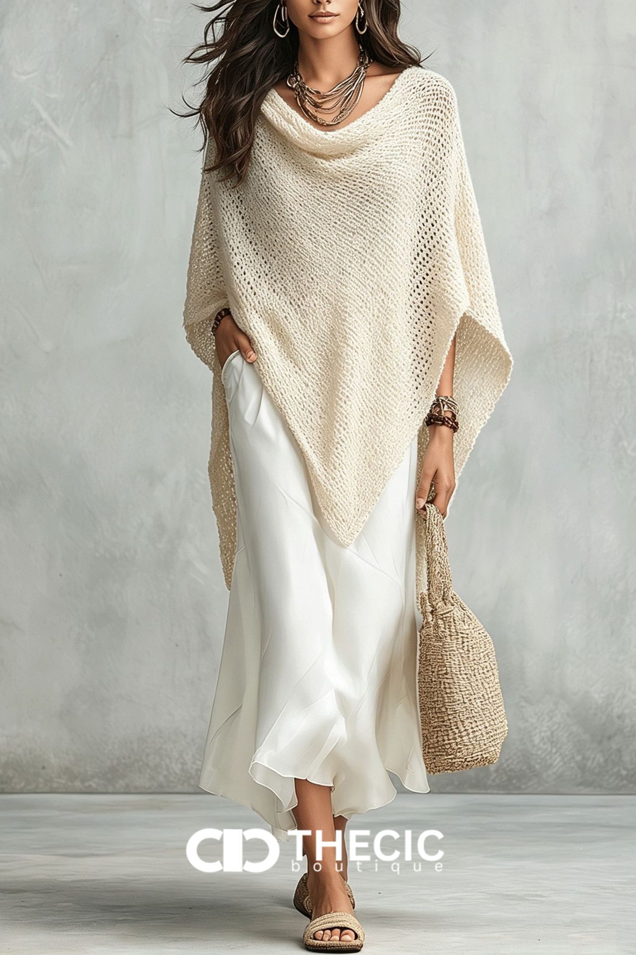Textured Knit Cowl Neck Asymmetric Poncho Two Pieces Set