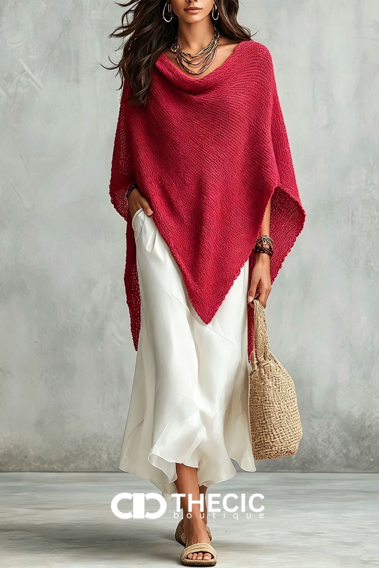 Textured Knit Cowl Neck Asymmetric Poncho Two Pieces Set