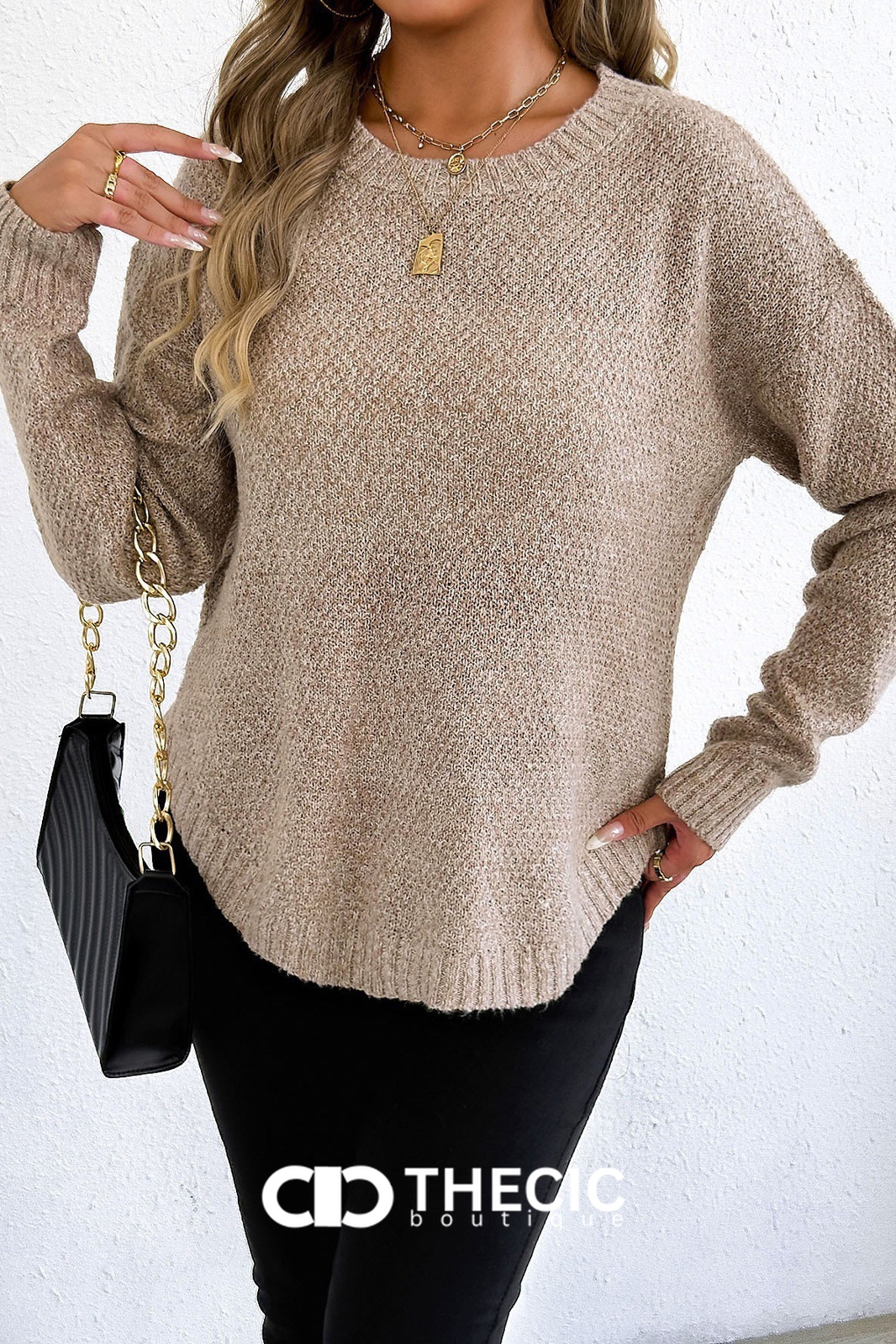 Textured Knit Round Neck Relaxed Sweater