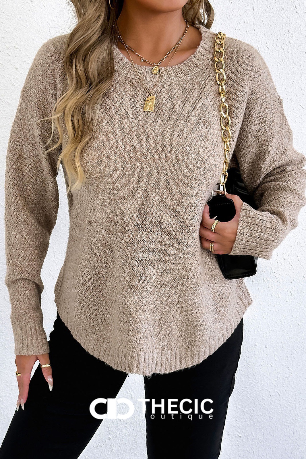 Textured Knit Round Neck Relaxed Sweater