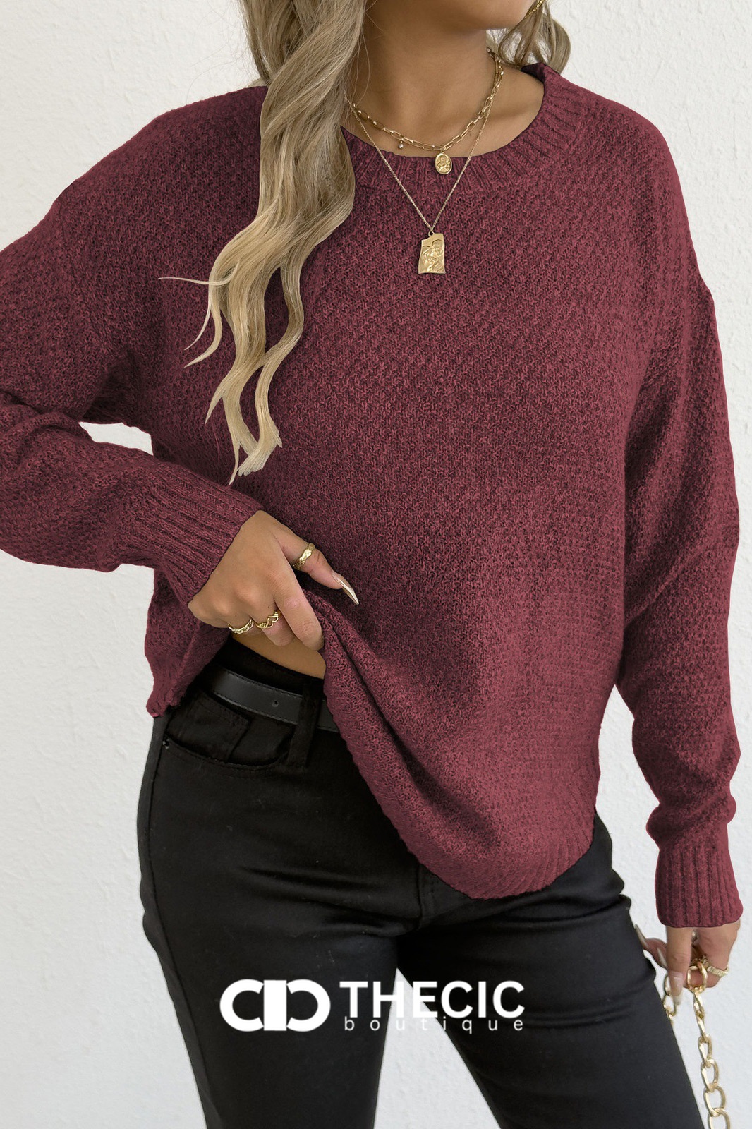 Textured Knit Round Neck Relaxed Sweater
