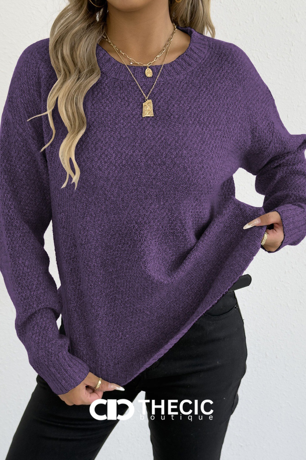 Textured Knit Round Neck Relaxed Sweater