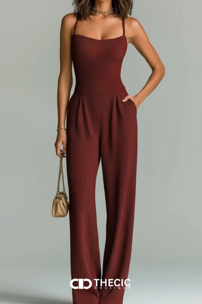 Textured Knit Spaghetti Strap Wide-Leg Jumpsuit