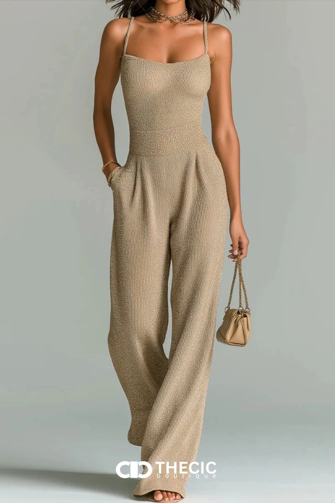 Textured Knit Spaghetti Strap Wide-Leg Jumpsuit
