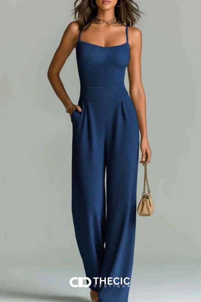 Textured Knit Spaghetti Strap Wide-Leg Jumpsuit