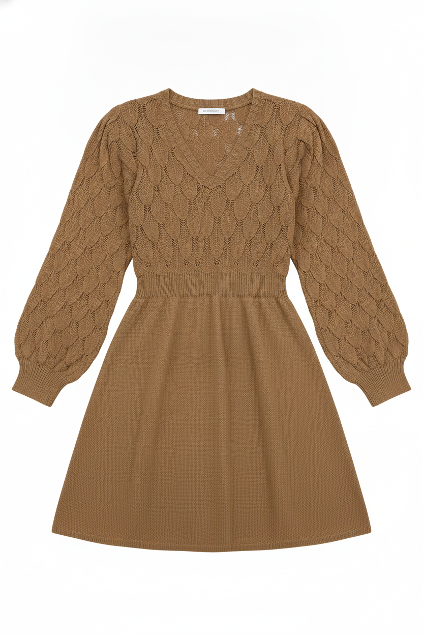 Textured Knit V-Neck Puff Sleeve Mini Dress