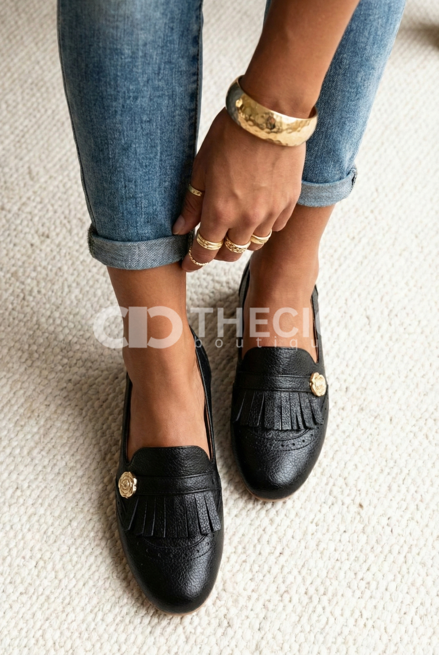 Textured Leather Fringe Medallion Slip-On Loafers