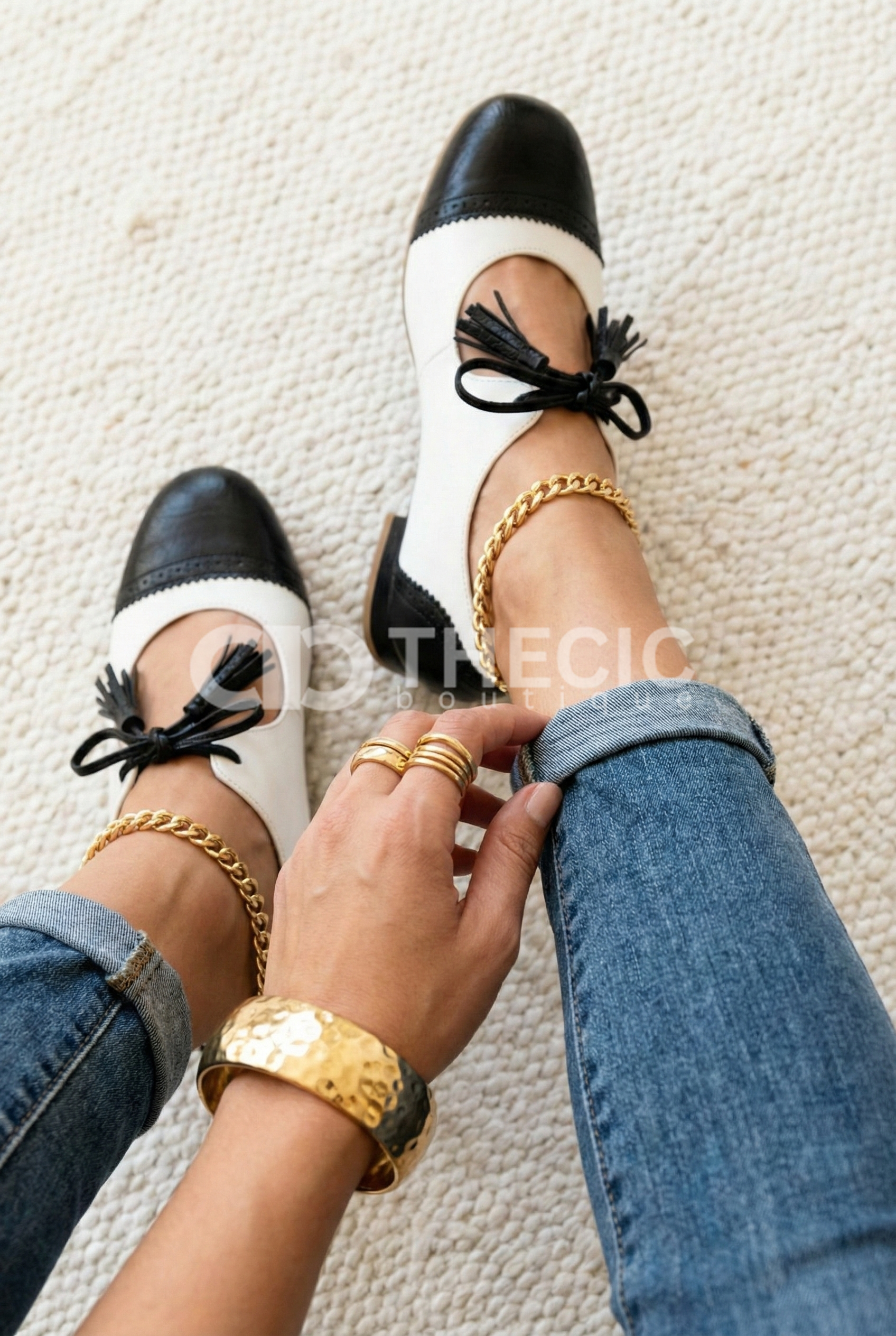 Textured Leather Perforated Tasseled Mary Jane Flats