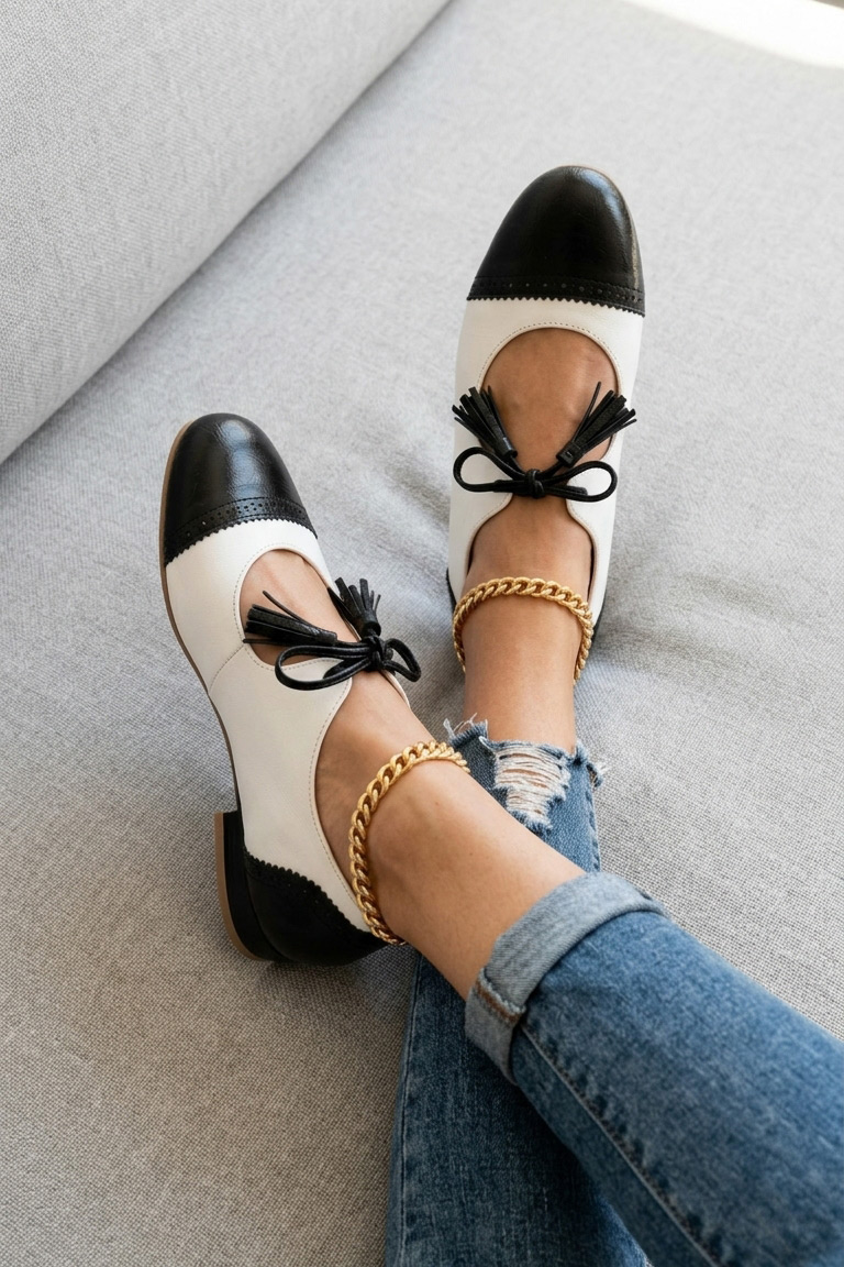 Textured Leather Perforated Tasseled Mary Jane Flats
