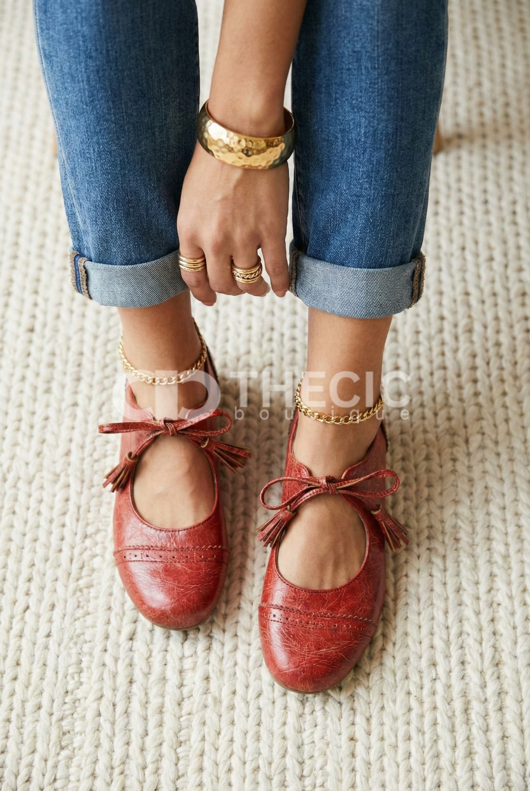 Textured Leather Perforated Tasseled Mary Jane Flats