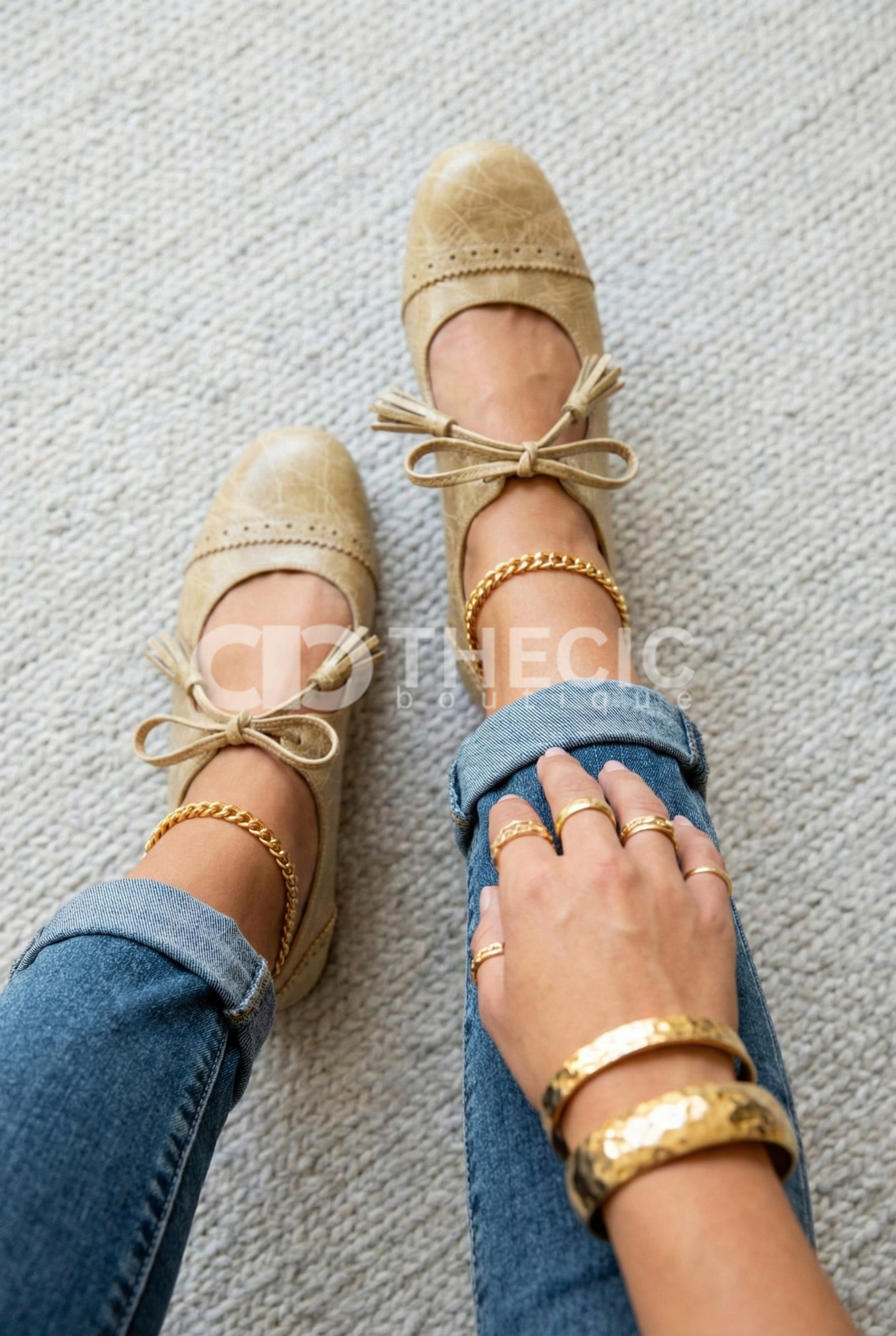 Textured Leather Perforated Tasseled Mary Jane Flats