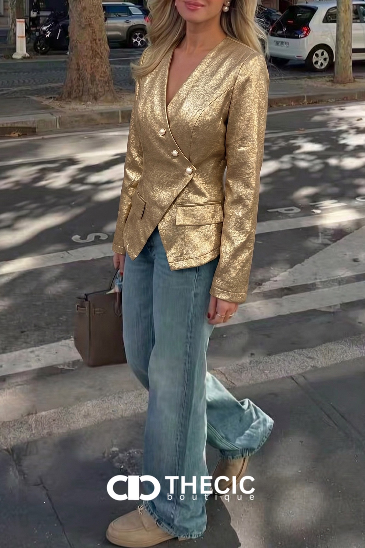 Textured Metallic Pearl Button V-Neck Blazer