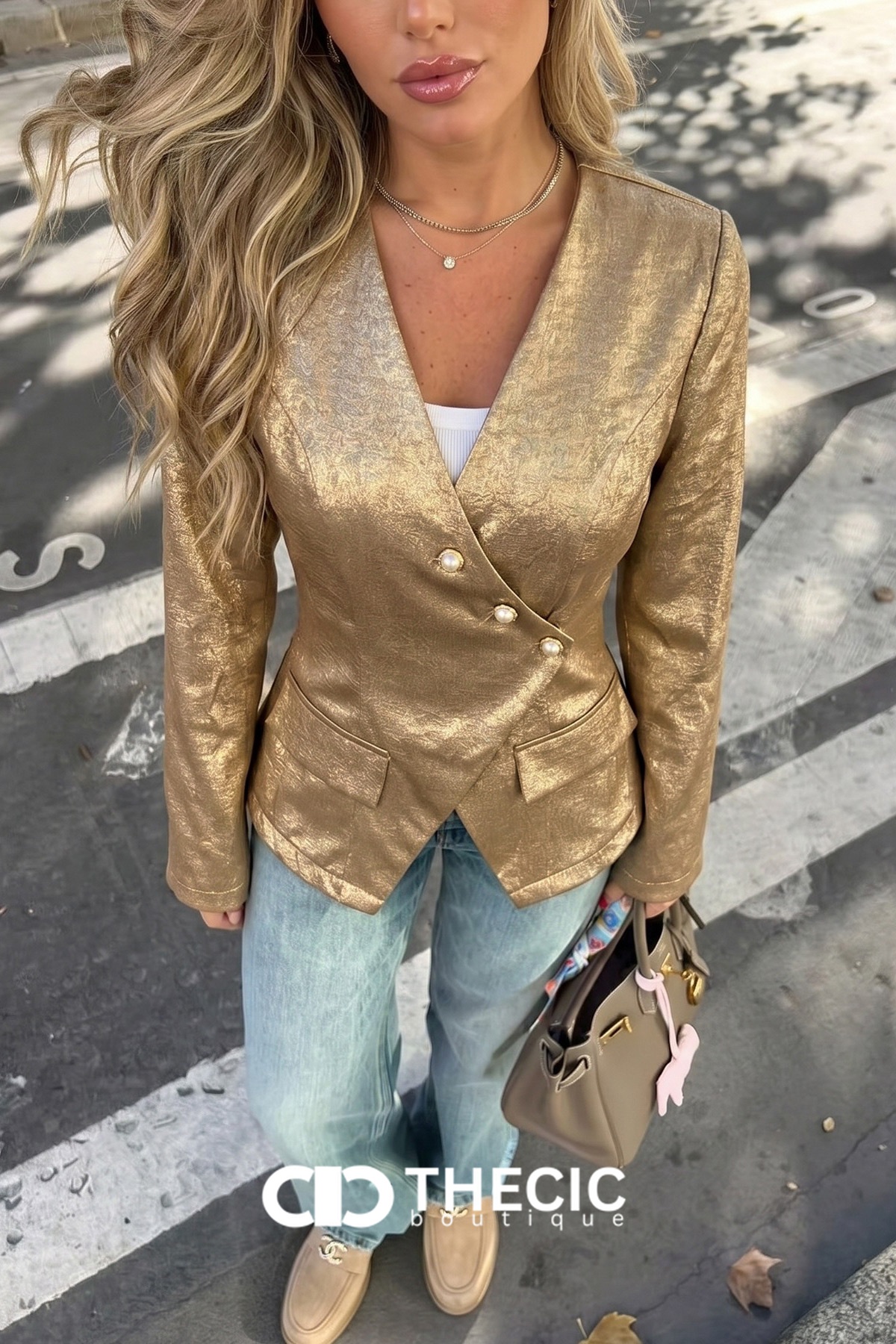 Textured Metallic Pearl Button V-Neck Blazer