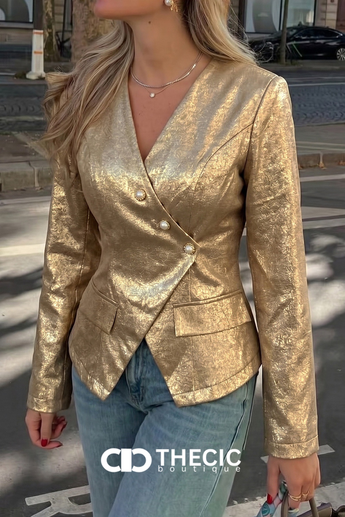 Textured Metallic Pearl Button V-Neck Blazer