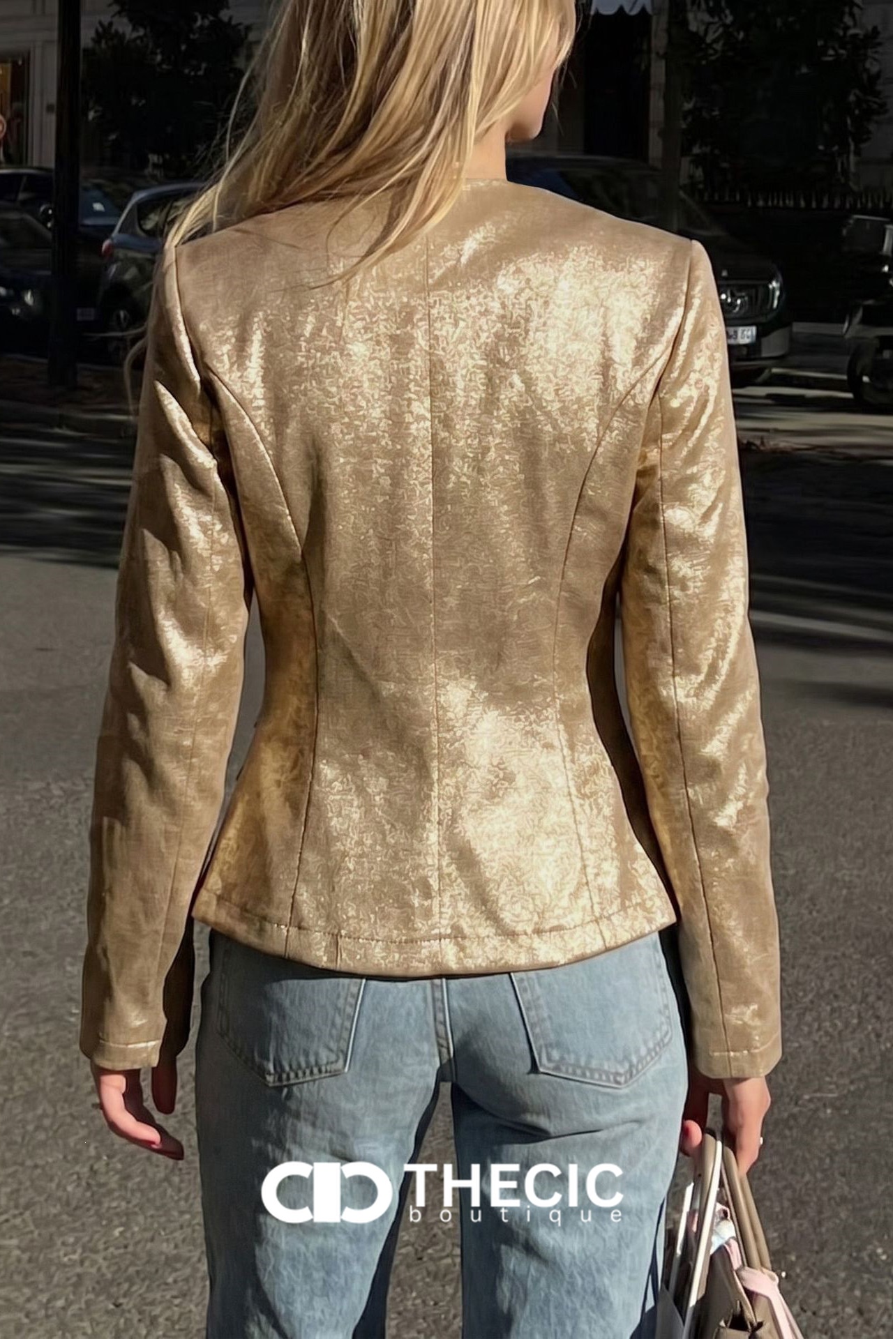 Textured Metallic Pearl Button V-Neck Blazer