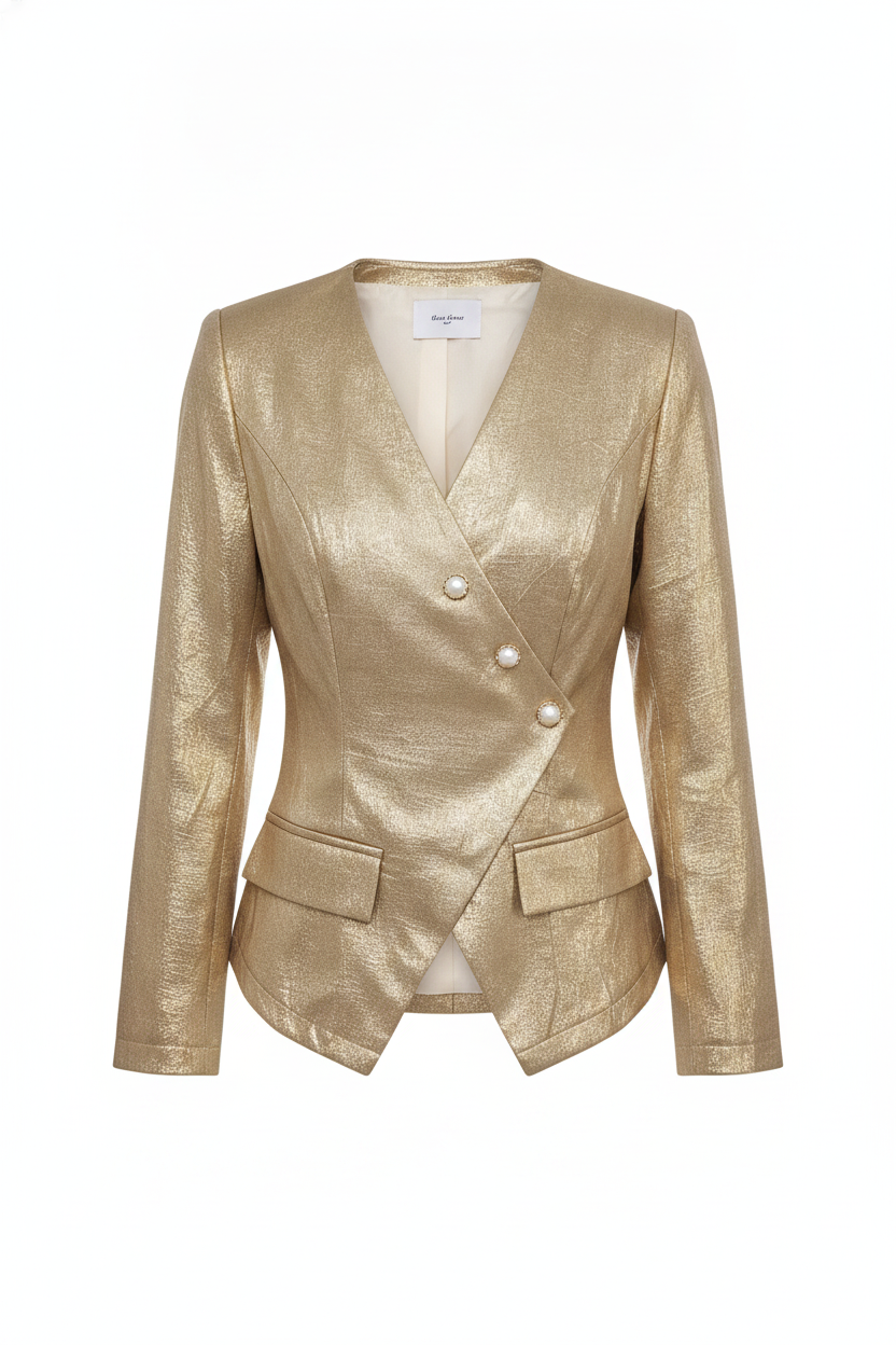 Textured Metallic Pearl Button V-Neck Blazer